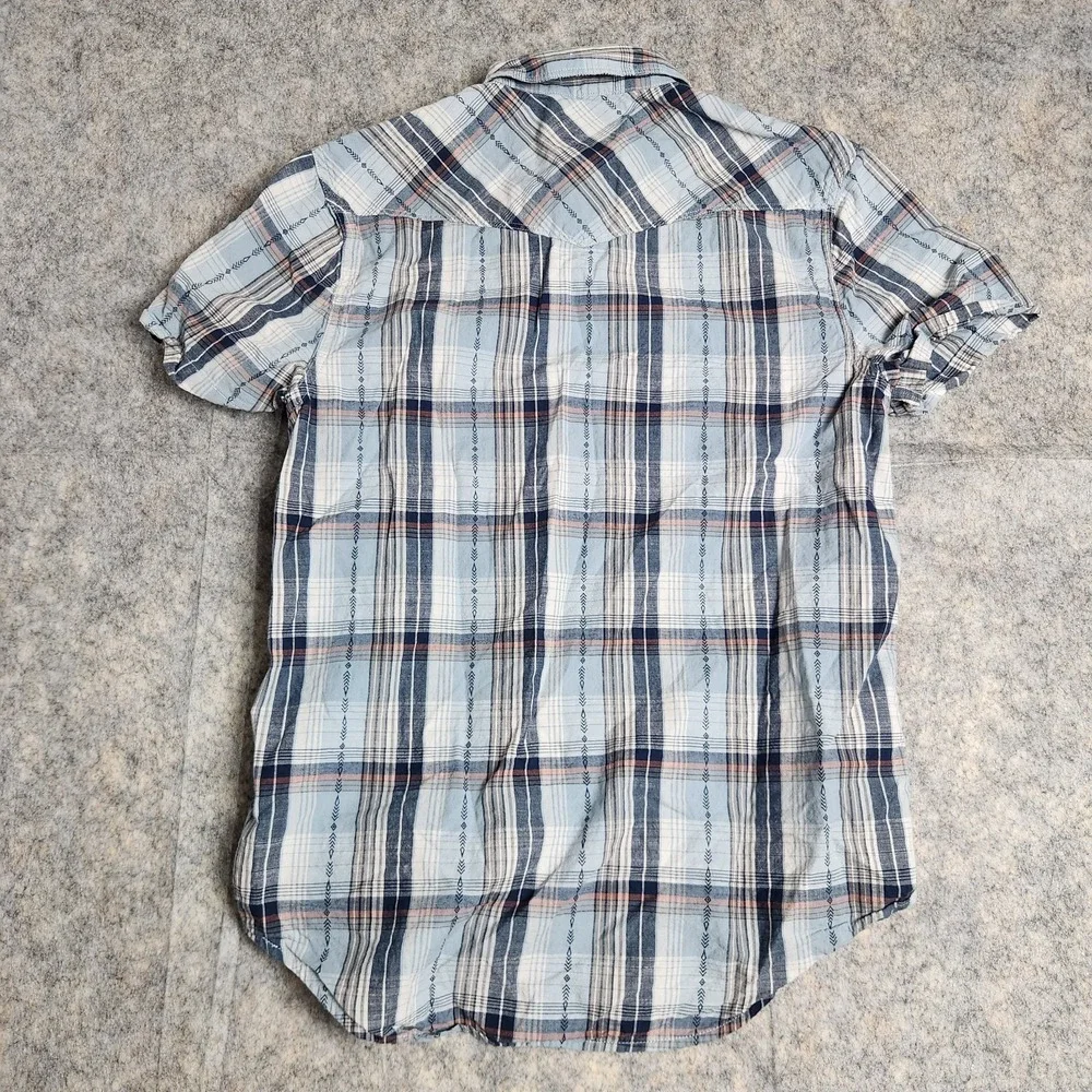 Lucky Brand Pearl Snap Western Shirt Men S Blue Scotch Plaid Short Sleeve Button
